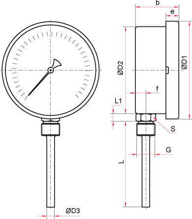 Чертеж коррозионностойкого термометра с радиальным присоединением
